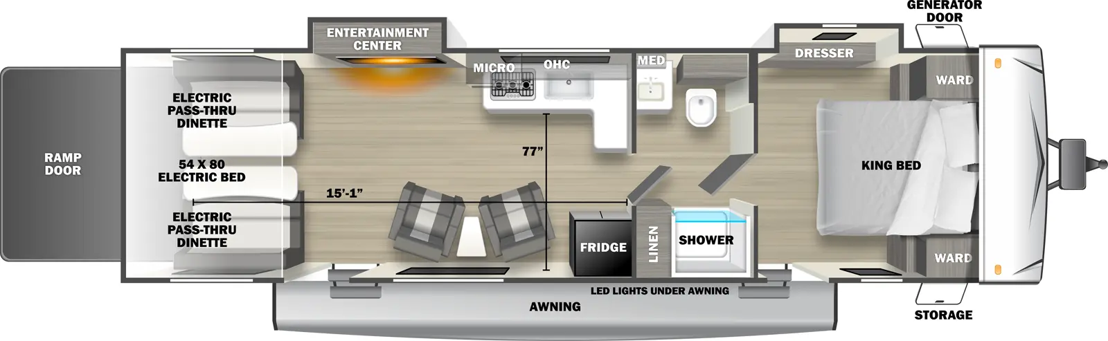 The 2600RLT travel trailer has 2 slide outs on the off-door side, 2 entry doors and 1 rear ramp door. Exterior features include an awning with LED lights over both entry doors, front door side storage and front off-door side generator door. Interior layout from front to back includes: front bedroom with foot-facing King bed, shelf over the bed, front corner wardrobes, off-door side slideout holding a dresser and door side entry door to outside; pass-through bathroom with toilet, medicine cabinet and sink on the off-door side and shower and linen storage on the door side; off-door side L-shaped kitchen countertop with overhead microwave and cabinets, stovetop and sink; door side refrigerator; 2 door side recliners with end table; off-door side slideout holding an entertainment center; door side entry door to outside; and rear 54 x 80 electric bed over electric pass-through dinette. Cargo length from rear of unit to kitchen wall is 15 ft. 1 in. Cargo width from kitchen countertop to door side wall is 77 inches.